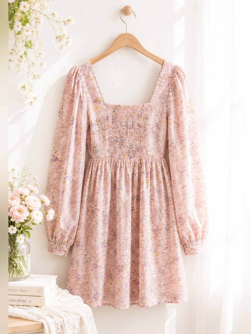 Blu Pepper Blush Pink Floral Babydoll Puff Sleeve Mini Dress | Size M - Picture 5 of 7